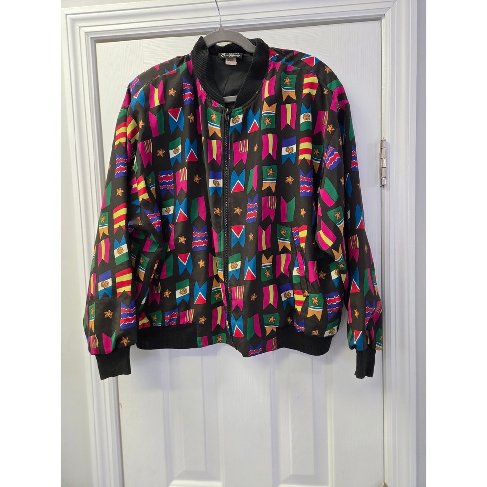 Vintage ERENA by Irene Koenig Flag Print Bomber Jacket Black M 80s full zip